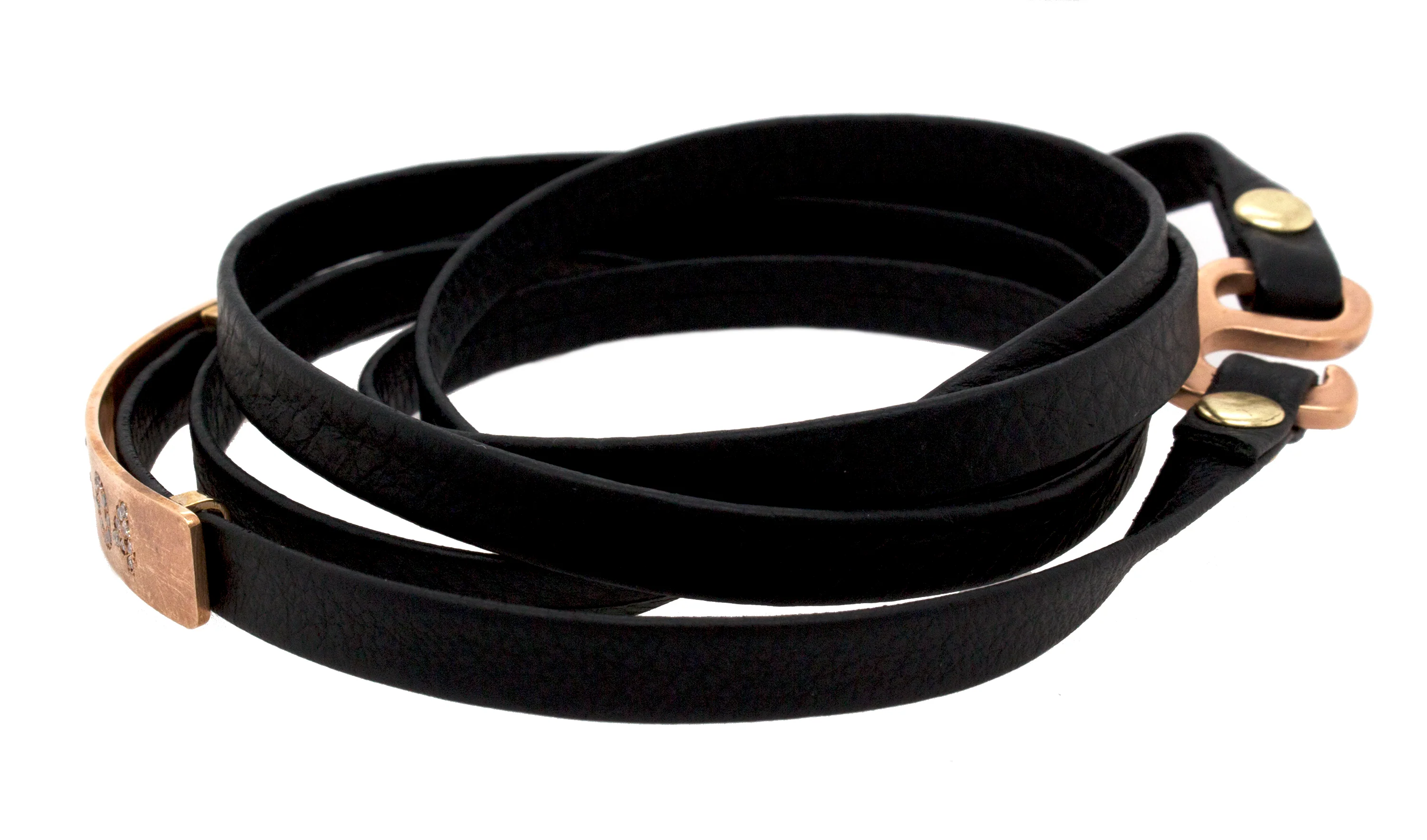 Custom Solid Rose Gold Bar Bracelet with Personalized Date Set in Diamonds and Black Strappy Leather - Image 4