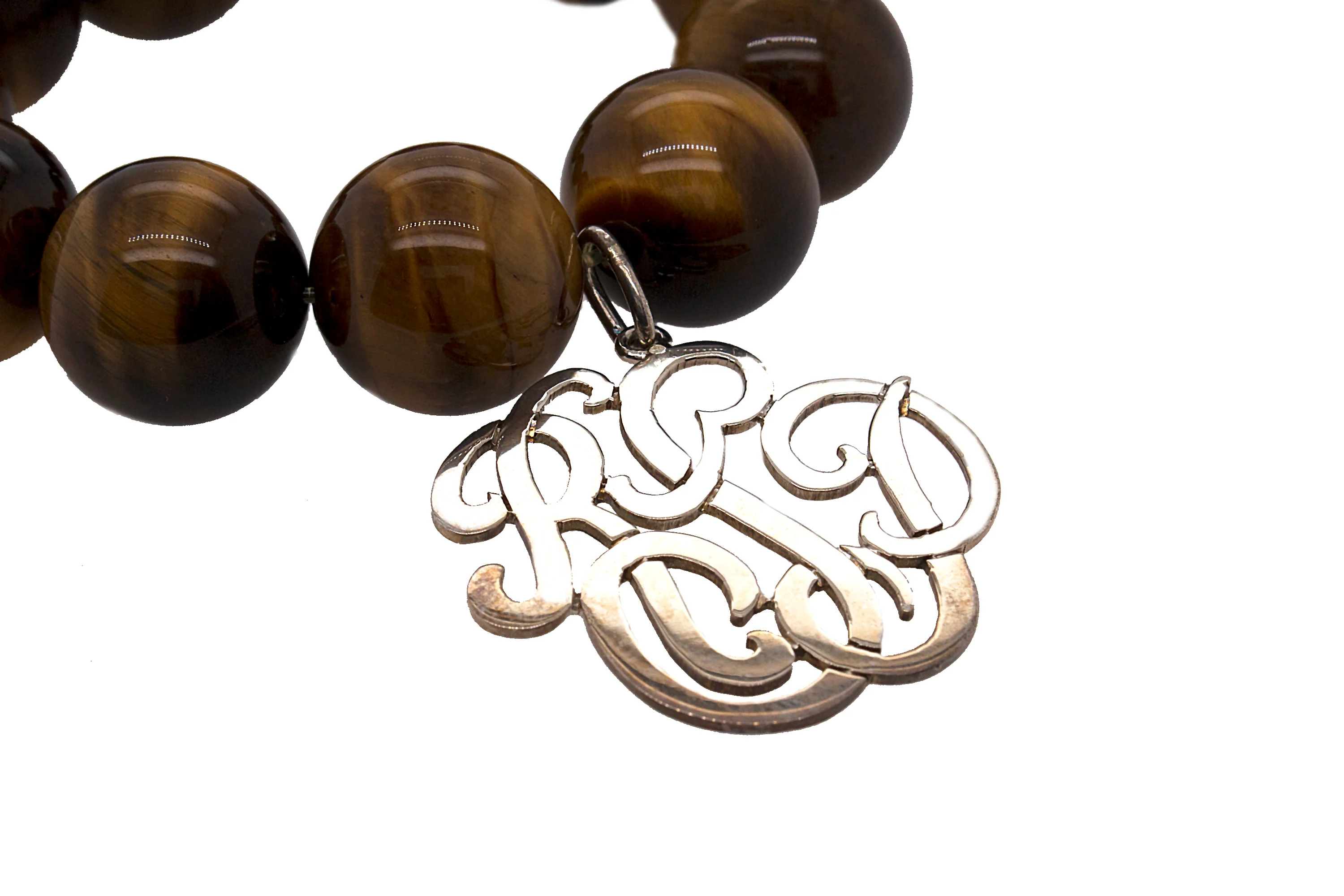 Custom Sterling Silver Monogram Bracelet with Big Tiger Eye Beads - Image 3