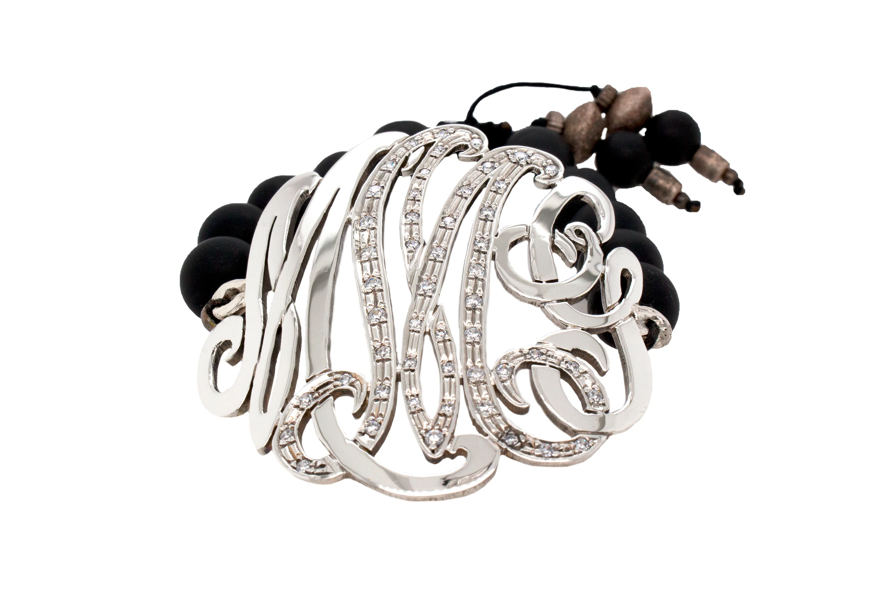 Custom Sterling Silver Monogram Bracelet with Cubic Zirconia and Black Beads - Image 3