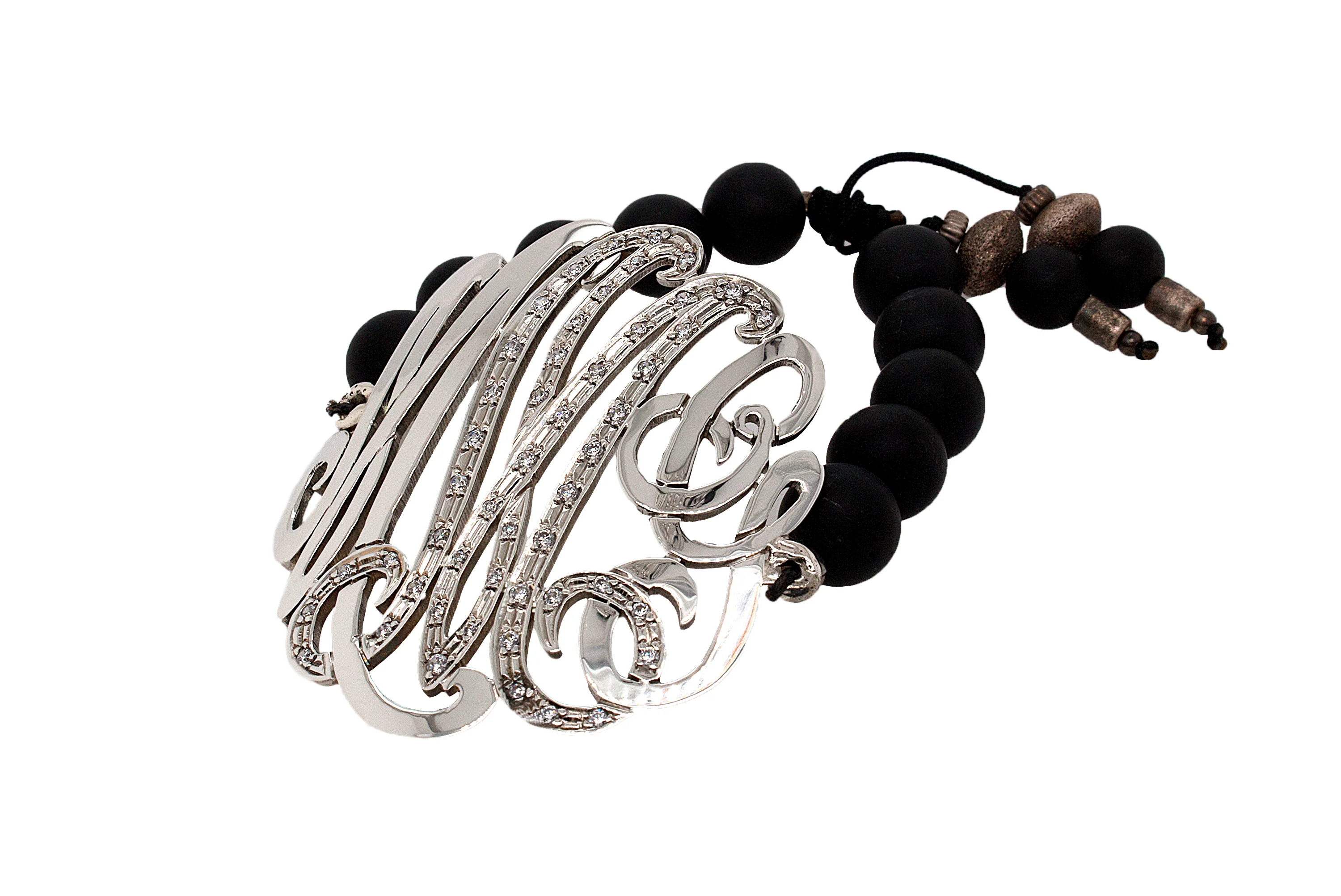 Custom Sterling Silver Monogram Bracelet with Cubic Zirconia and Black Beads - Image 4