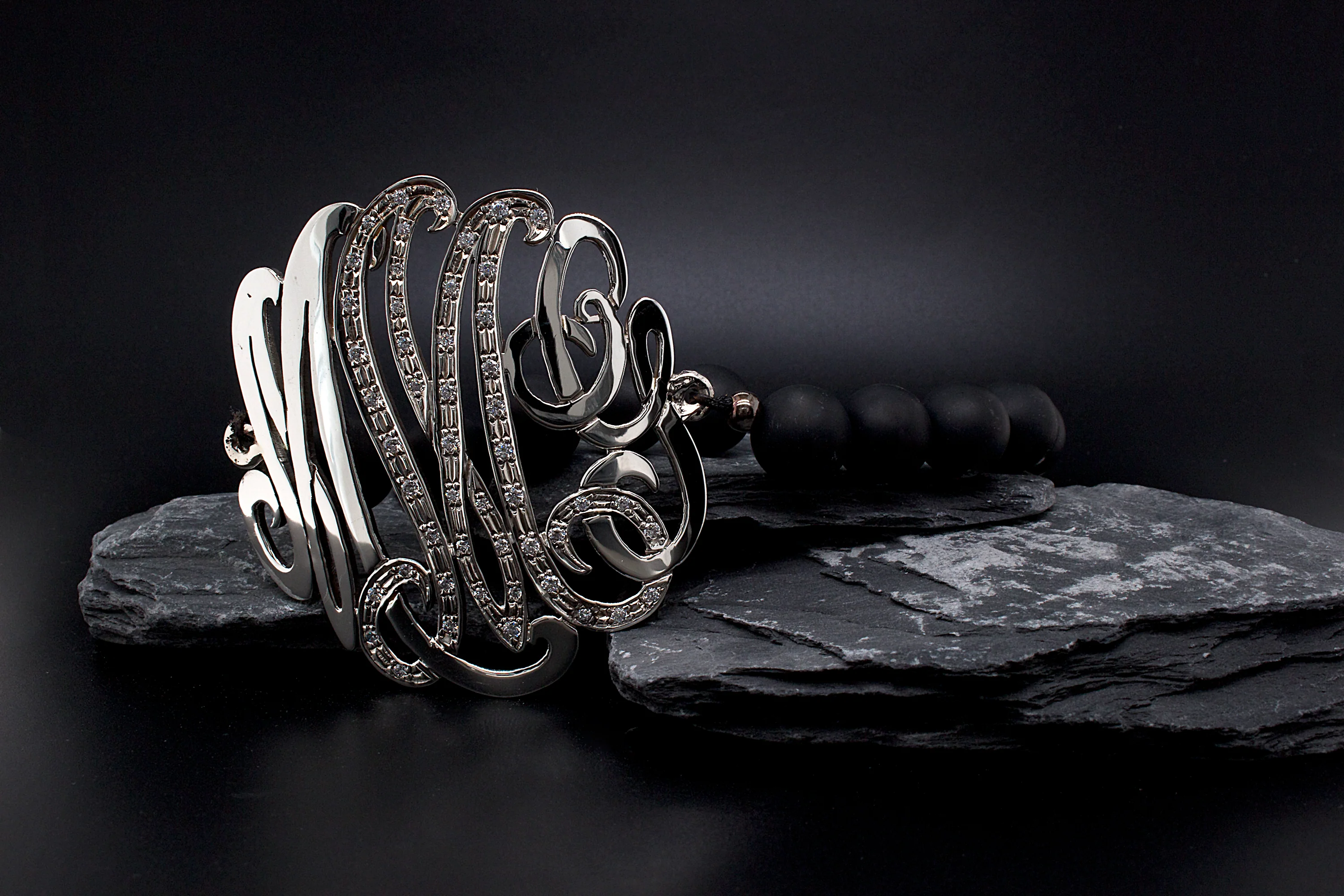 Custom Sterling Silver Monogram Bracelet with Cubic Zirconia and Black Beads - Image 6