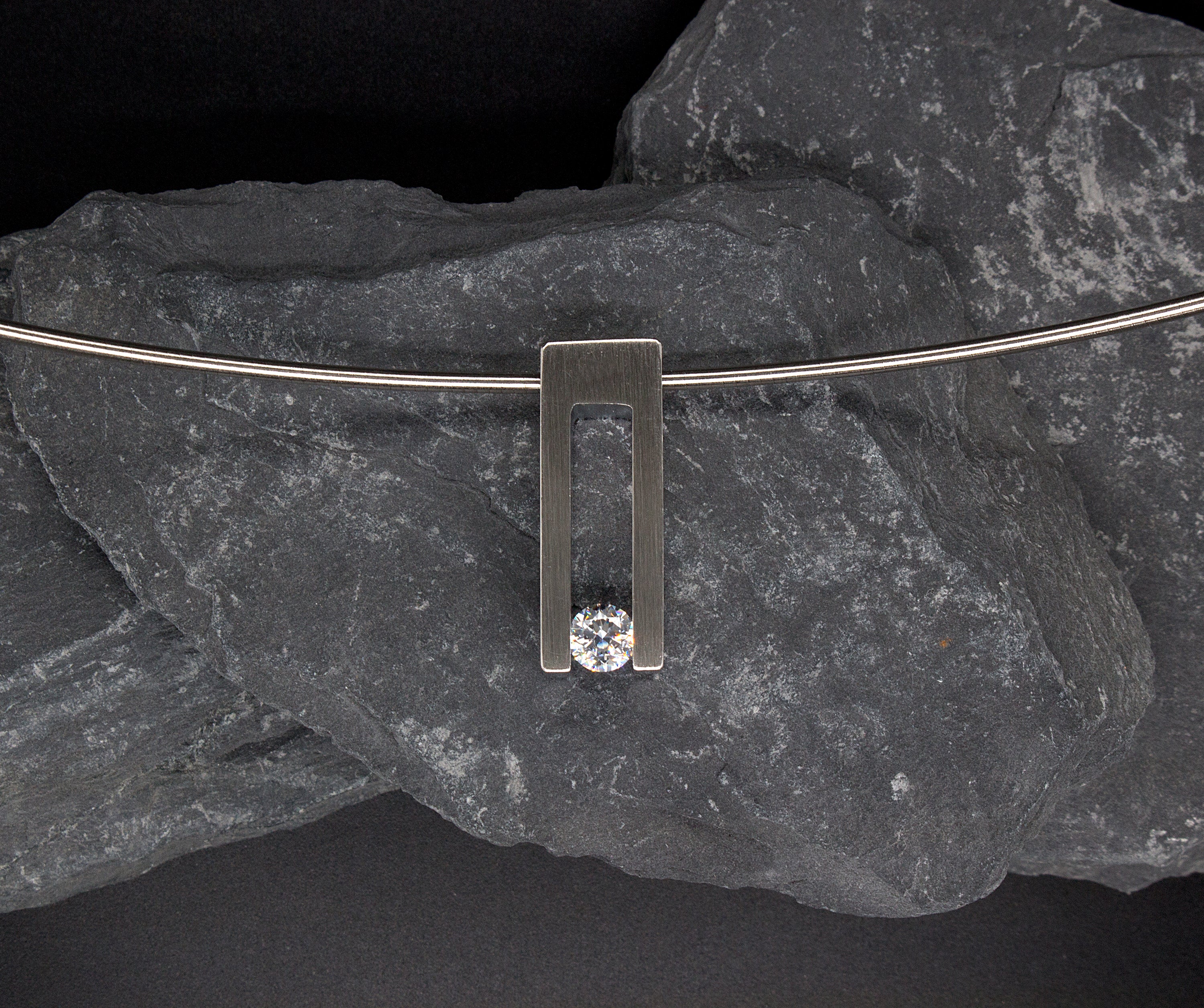Stainless Steel Necklace with Hollow Rectangle Pendant and Round Cut Alternative Diamond Stone - Image 5